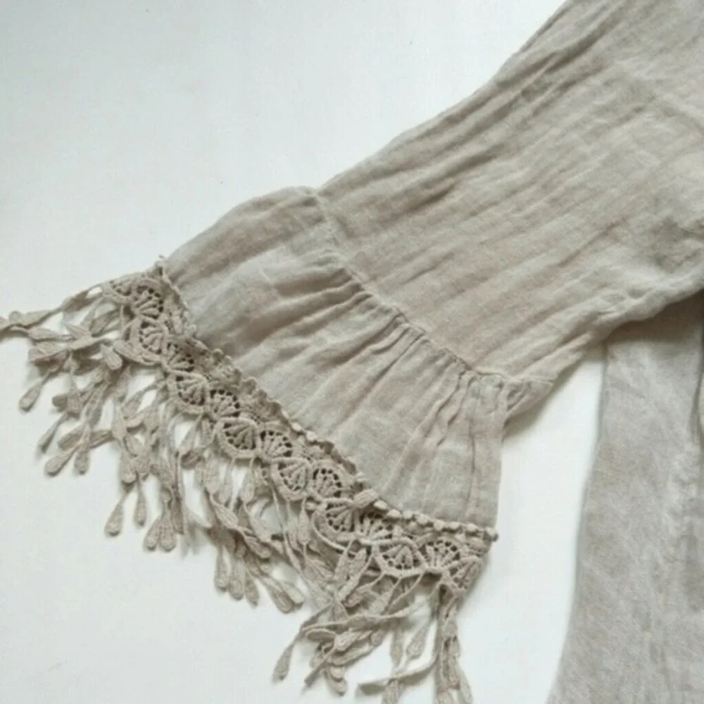 Linen Boho style blouse top lace top high low - Picture 2 of 16